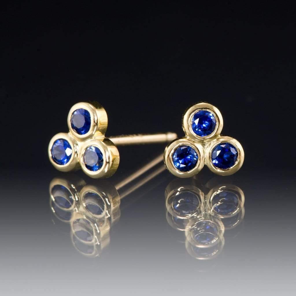 Australian Kings Plain Royal Blue Sapphire Trio Bezel Cluster Stud 18kY Gold Earrings, Ready To Ship Earrings by Nodeform