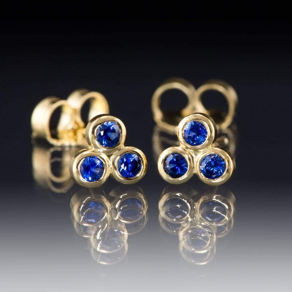 Australian Kings Plain Royal Blue Sapphire Trio Bezel Cluster Stud 18kY Gold Earrings, Ready To Ship Earrings by Nodeform