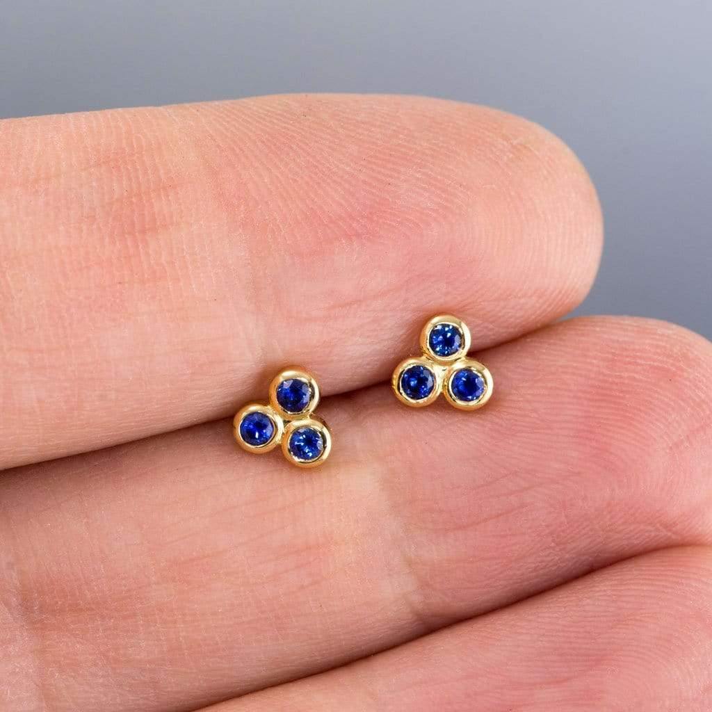 Australian Kings Plain Royal Blue Sapphire Trio Bezel Cluster Stud 18kY Gold Earrings, Ready To Ship Earrings by Nodeform