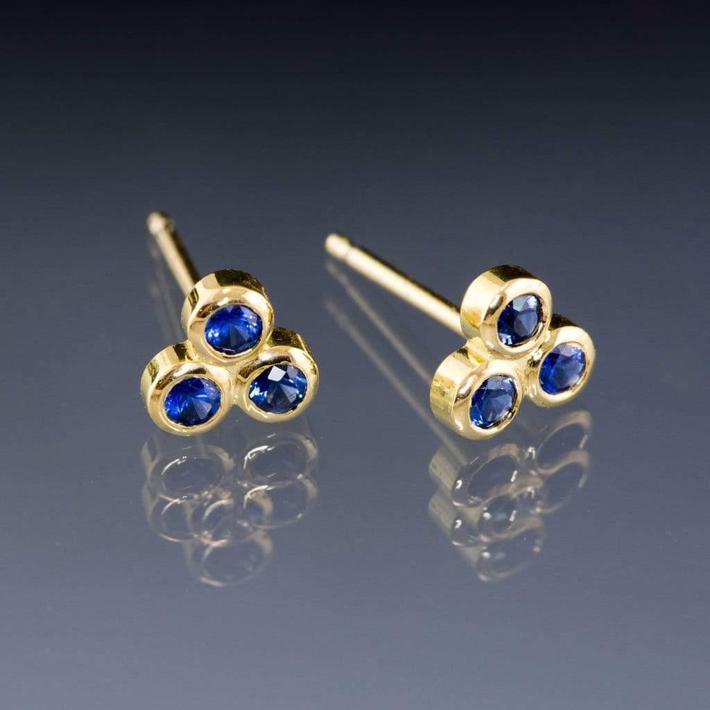 Australian Kings Plain Royal Blue Sapphire Trio Bezel Cluster Stud 18kY Gold Earrings, Ready To Ship Earrings by Nodeform