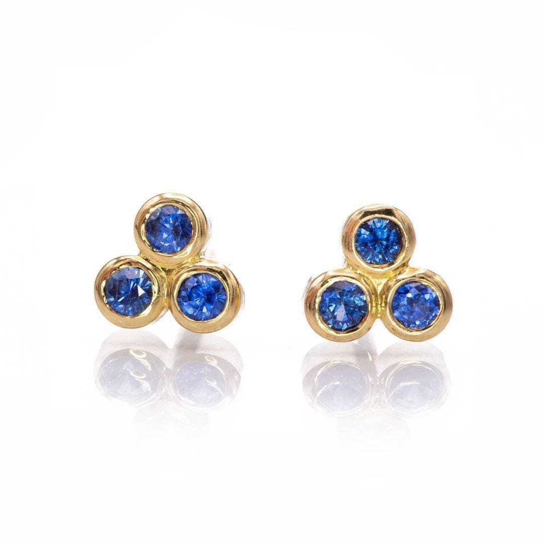 Australian Kings Plain Royal Blue Sapphire Trio Bezel Cluster Stud 18kY Gold Earrings, Ready To Ship Earrings by Nodeform