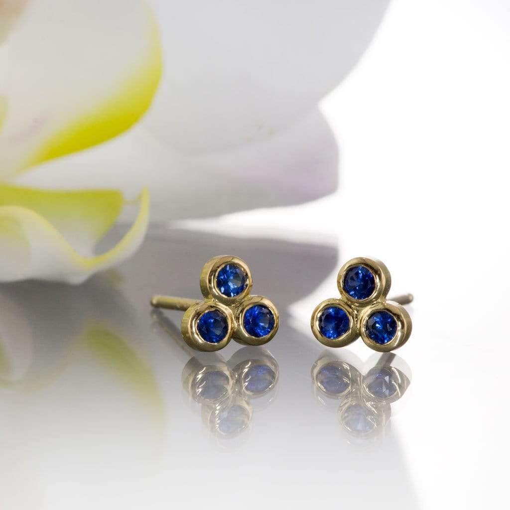 Australian Kings Plain Royal Blue Sapphire Trio Bezel Cluster Stud 18kY Gold Earrings, Ready To Ship Earrings by Nodeform