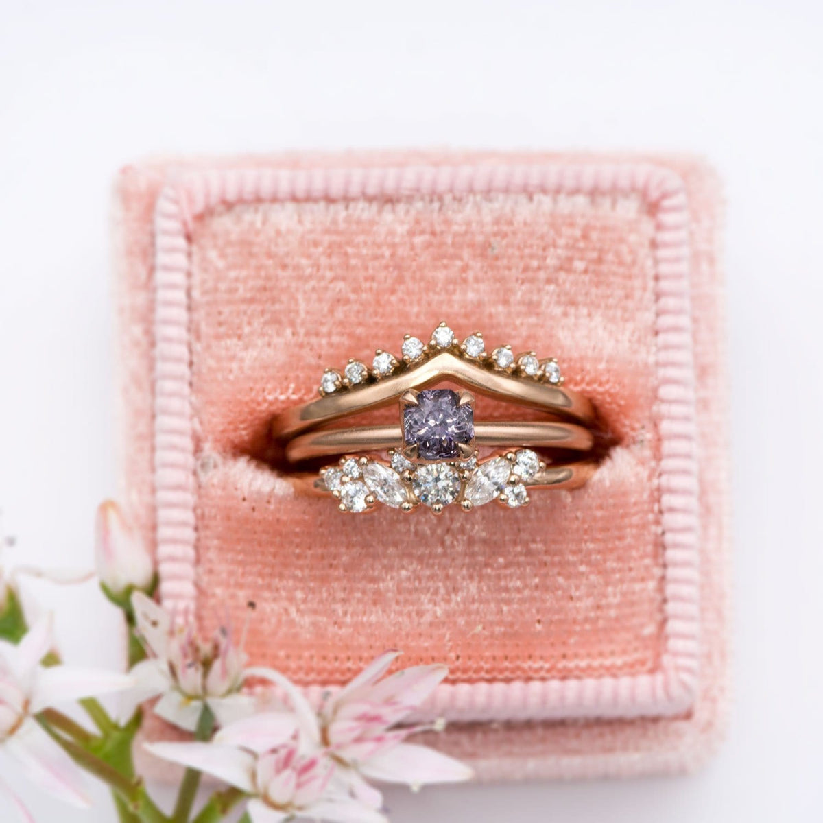 Valerie Band - V-Shape Contoured Accented Diamond, Moissanite, Ruby or Sapphire Wedding Ring Ring by Nodeform
