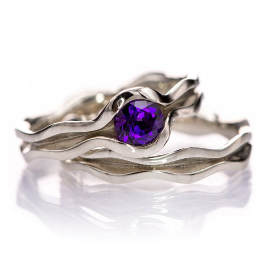 Wave Amethyst Engagement Ring Bridal Set 14kX1 Nickel White Gold (Not Rhodium Plated) Ring by Nodeform