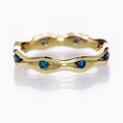 Wave Teal Blue Diamond Eternity Wedding Ring 14k Yellow Gold Ring by Nodeform