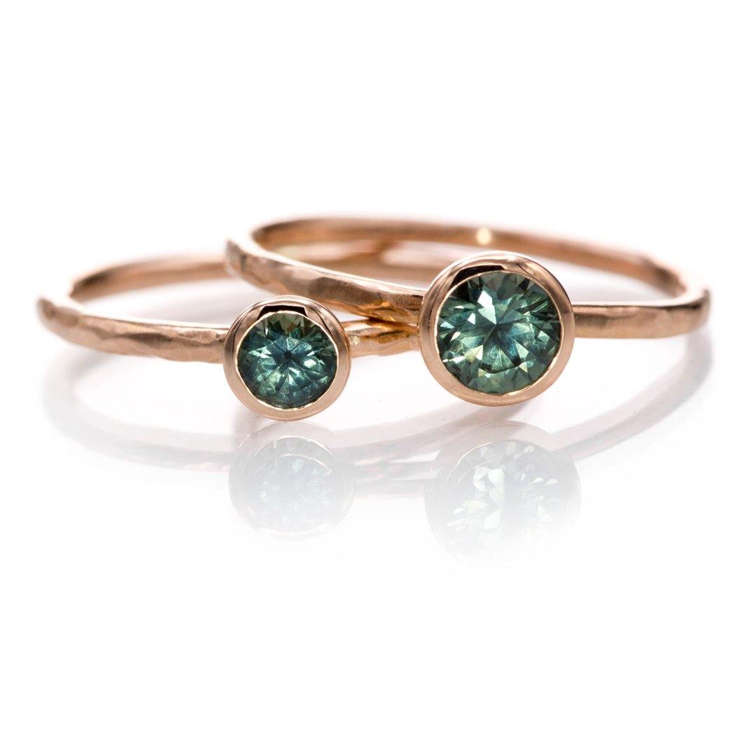 teal Montana sapphire stacking rings in rose gold