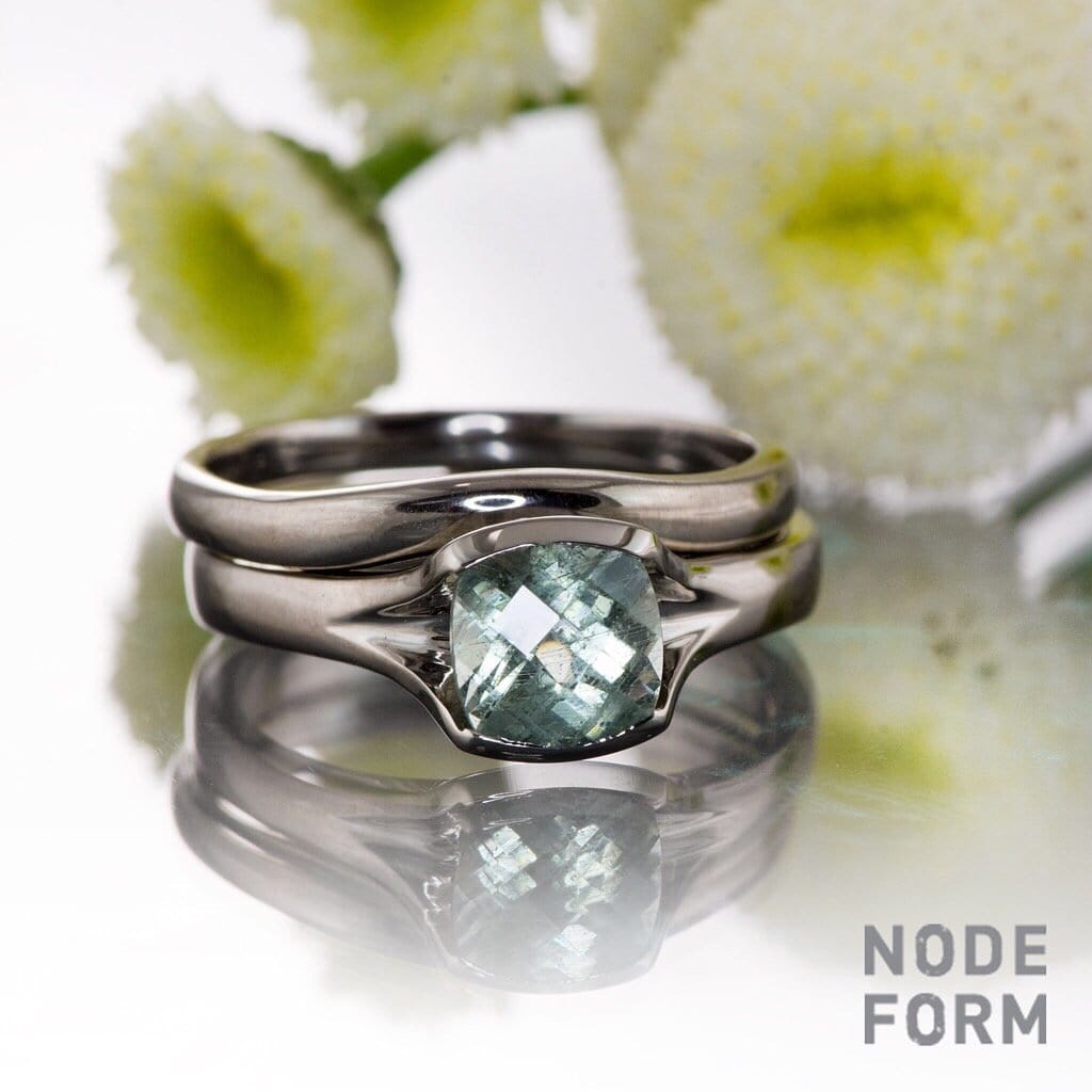 Fair Trade green Malawi Sapphire Fold Engagement & Wedding Ring Set - Nodeform