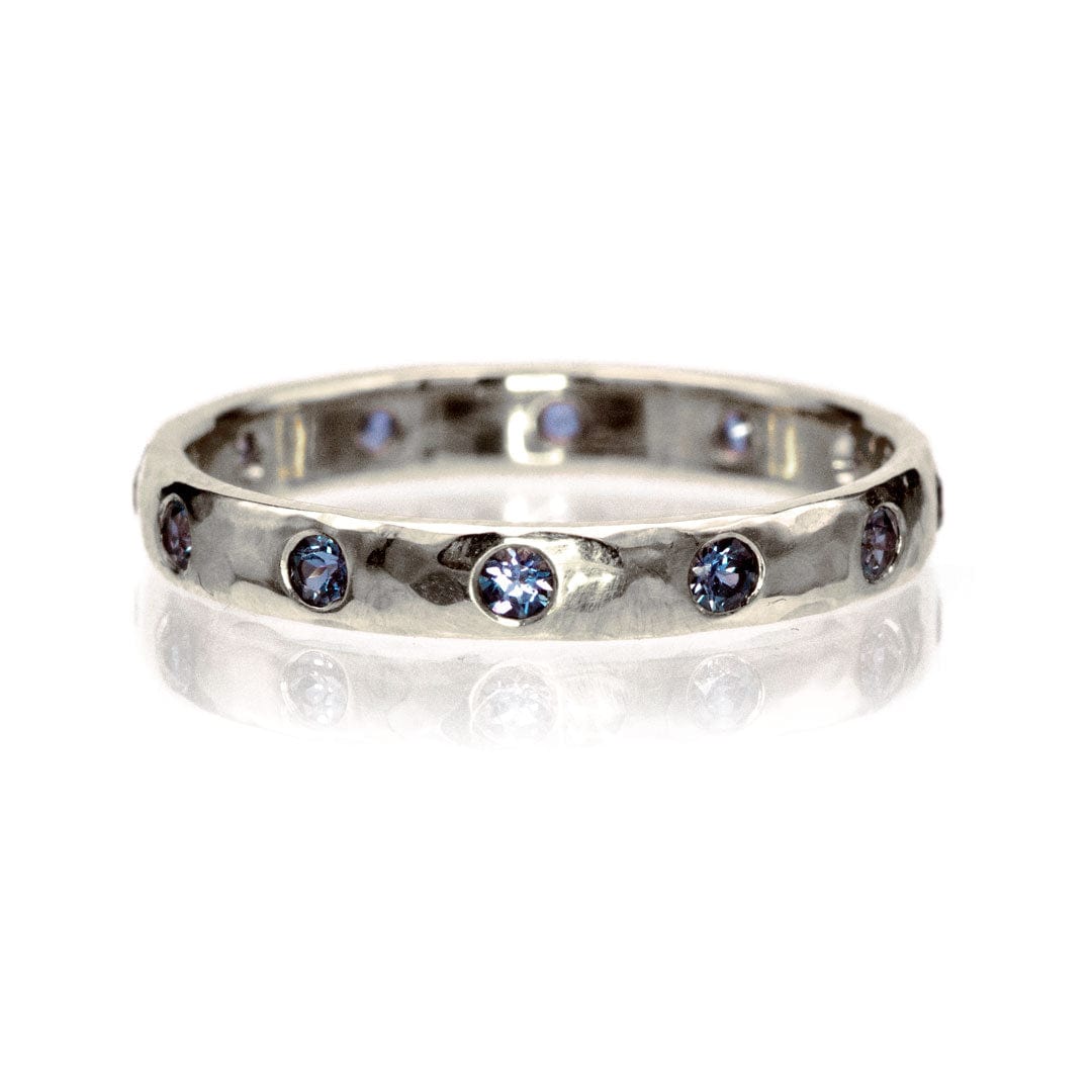 Narrow Hammered Texture Eternity Wedding Band With Flush Set Alexandrites Sterling Silver / 3mm Ring by Nodeform
