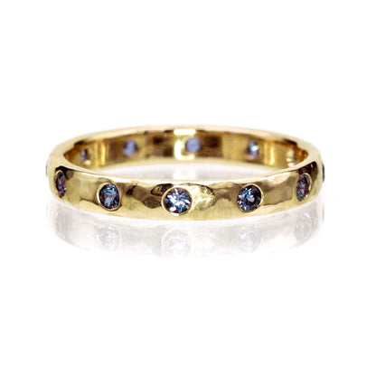 Narrow Hammered Texture Eternity Wedding Band With Flush Set Alexandrites 14k Yellow Gold / 3mm Ring by Nodeform