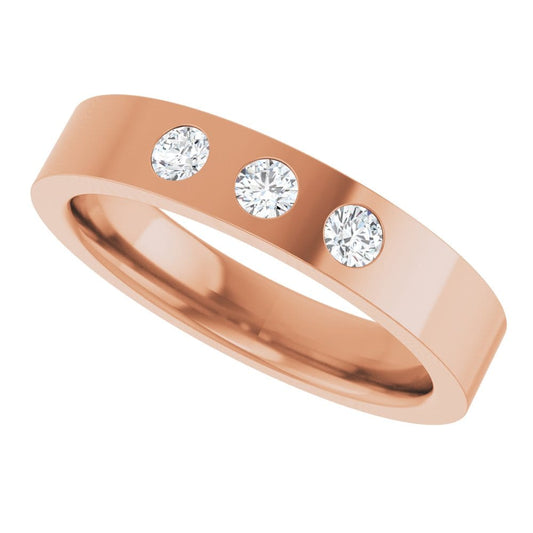 Sia Ring - 4mm wide 3 Diamond, Moissanite or Sapphire Flush Set Flat Wedding Band Lab Grown Diamonds (G-H/SI1-SI2) / 14k Rose Gold Ring by Nodeform