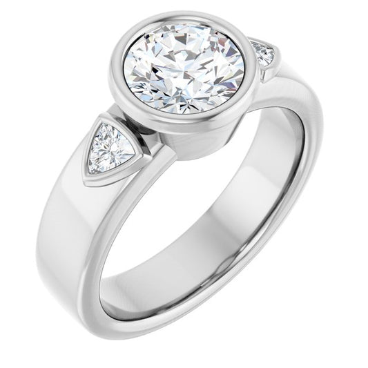 Trudy- Three Stone Bezel set Round Moissanite Engagement Ring with Trillion Side Accents