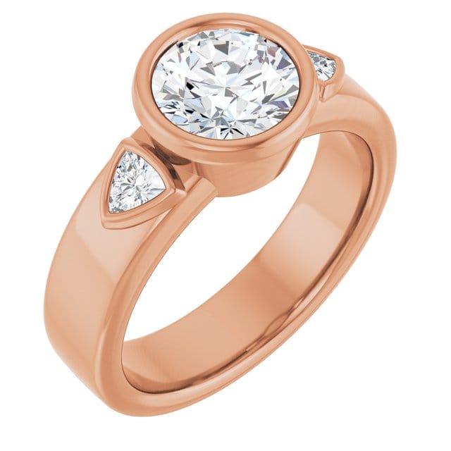 Trudy- Three Stone Bezel set Round Moissanite Engagement Ring with Trillion Side Accents 7mm Colorless Moissanite (DEF Color) / 14k Rose Gold Ring by Nodeform