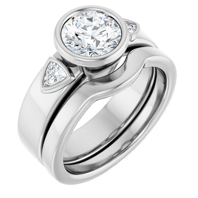 Trudy- Three Stone Bezel set Round Moissanite Engagement Ring with Trillion Side Accents Ring by Nodeform