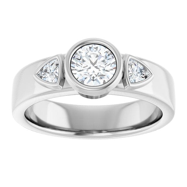 Trudy- Three Stone Bezel set Round Moissanite Engagement Ring with Trillion Side Accents Ring by Nodeform