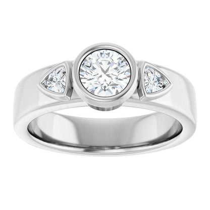 Trudy- Three Stone Bezel set Round Moissanite Engagement Ring with Trillion Side Accents Ring by Nodeform