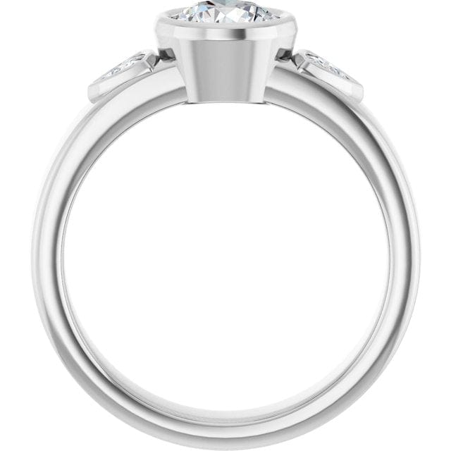 Trudy- Three Stone Bezel set Round Moissanite Engagement Ring with Trillion Side Accents Ring by Nodeform