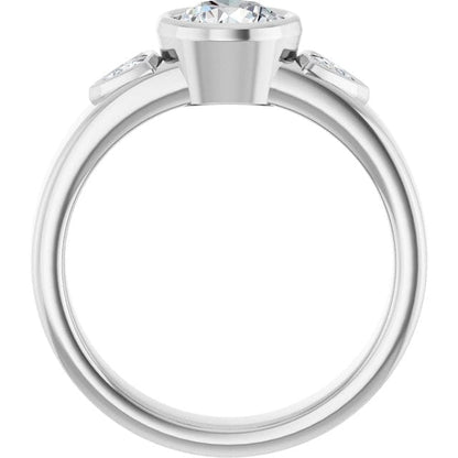 Trudy- Three Stone Bezel set Round Moissanite Engagement Ring with Trillion Side Accents Ring by Nodeform