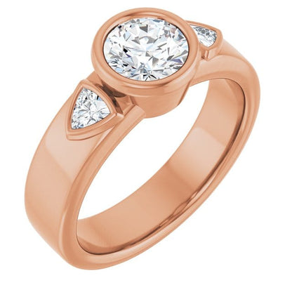 Trudy- Three Stone Bezel set Round Moissanite Engagement Ring with Trillion Side Accents 6mm Colorless Moissanite (DEF Color) / 14k Rose Gold Ring by Nodeform