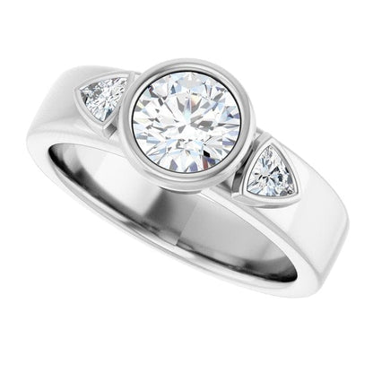 Trudy- Three Stone Bezel set Round Moissanite Engagement Ring with Trillion Side Accents Ring by Nodeform