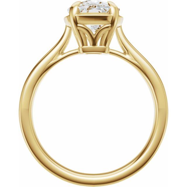 side view Taylor engagement ring  in yellow gold with a large elongated antique cut cushion moissanite on a white reflective background