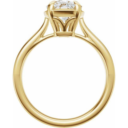 side view Taylor engagement ring  in yellow gold with a large elongated antique cut cushion moissanite on a white reflective background