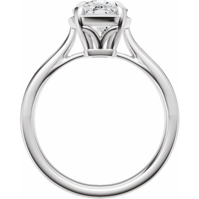 side view Taylor engagement ring  in white gold with a large elongated antique cut cushion moissanite on a white reflective background
