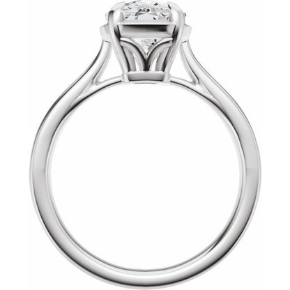 side view Taylor engagement ring  in white gold with a large elongated antique cut cushion moissanite on a white reflective background
