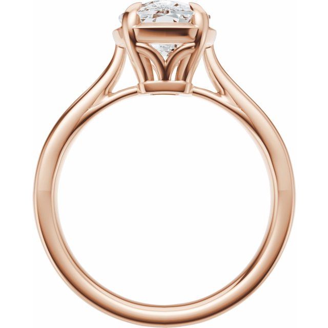 side view Taylor engagement ring  in rose gold with a large elongated antique cut cushion moissanite on a white reflective background