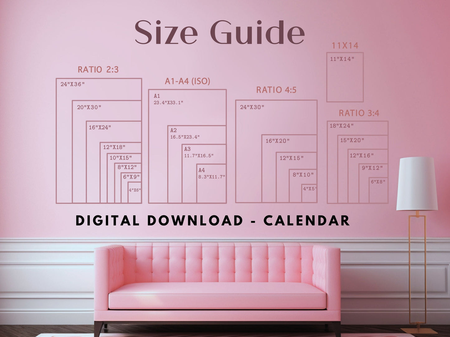 Size guide for digital download calendar with pink sofa and lamp in a room.