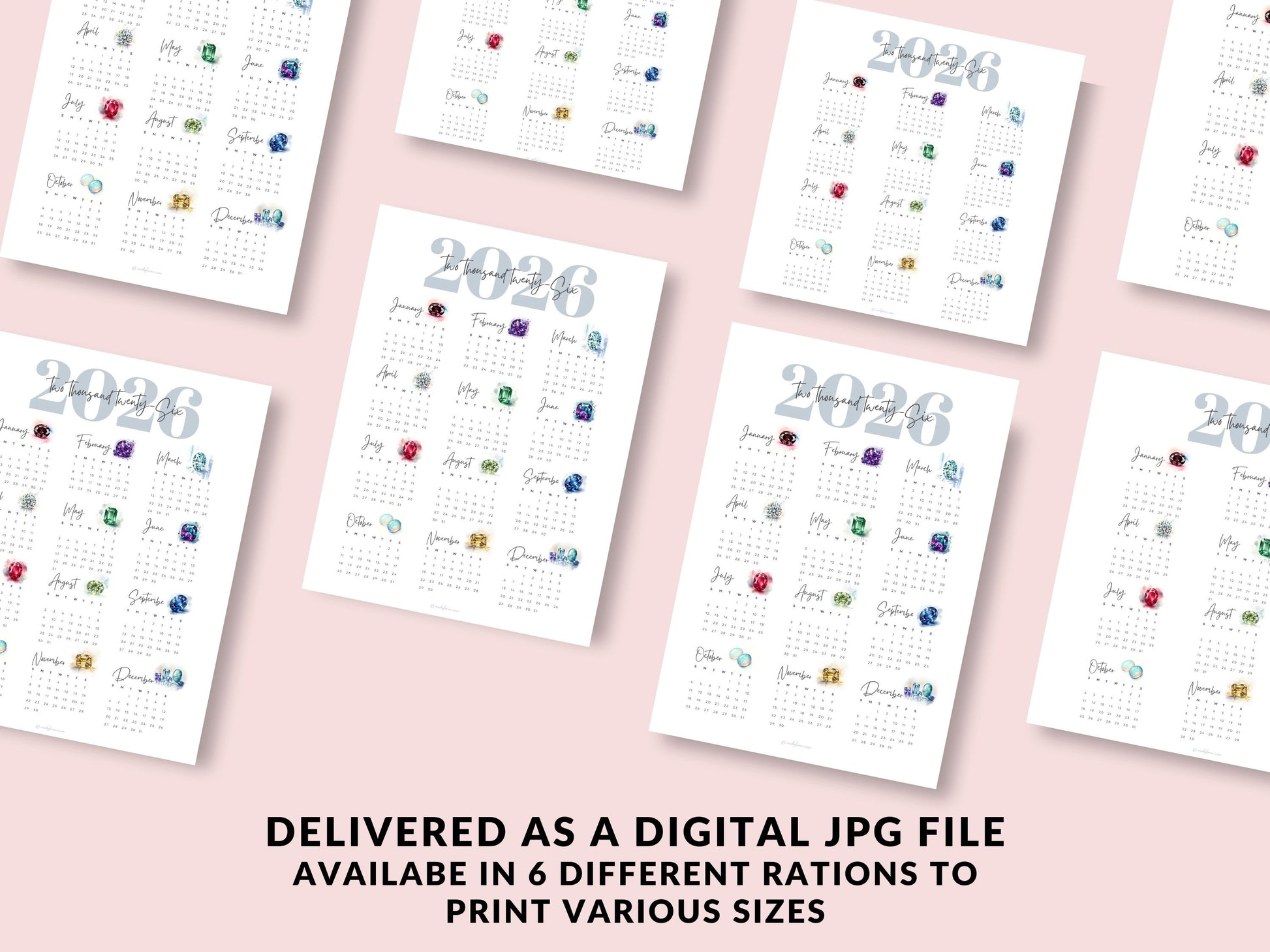 Multiple 2026 birthstone calendars on a pink background with text about digital file delivery.
