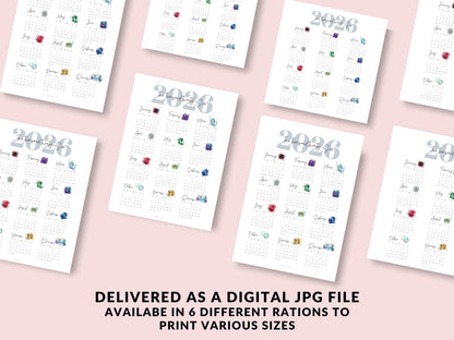Multiple 2026 birthstone calendars on a pink background with text about digital file delivery.