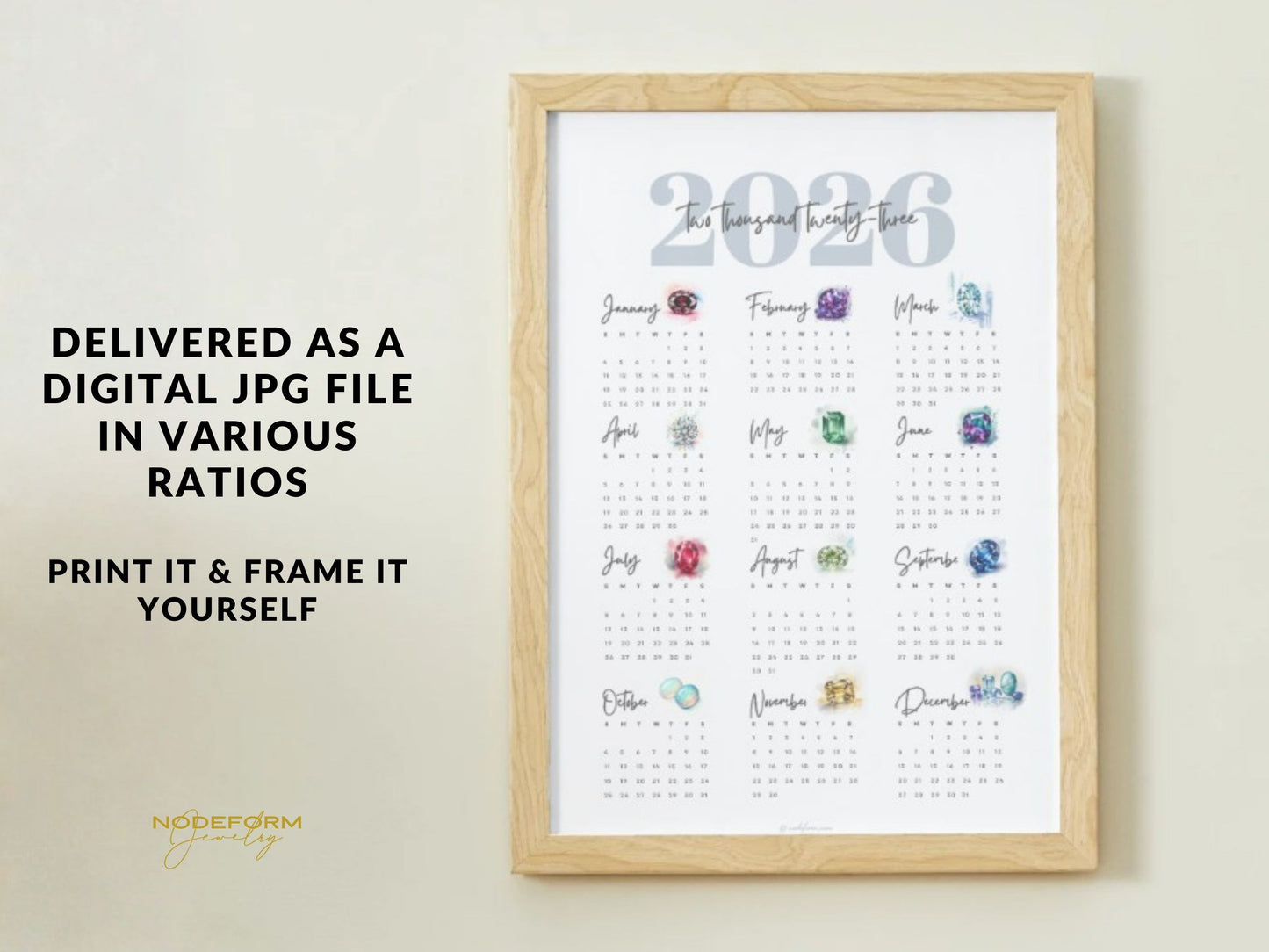 Framed calendar for 2026 with colorful birthstone month indicators on a light background