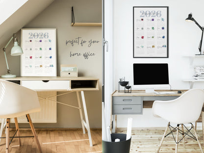 Two modern home office setups with 2026 birthstone calendars on walls.