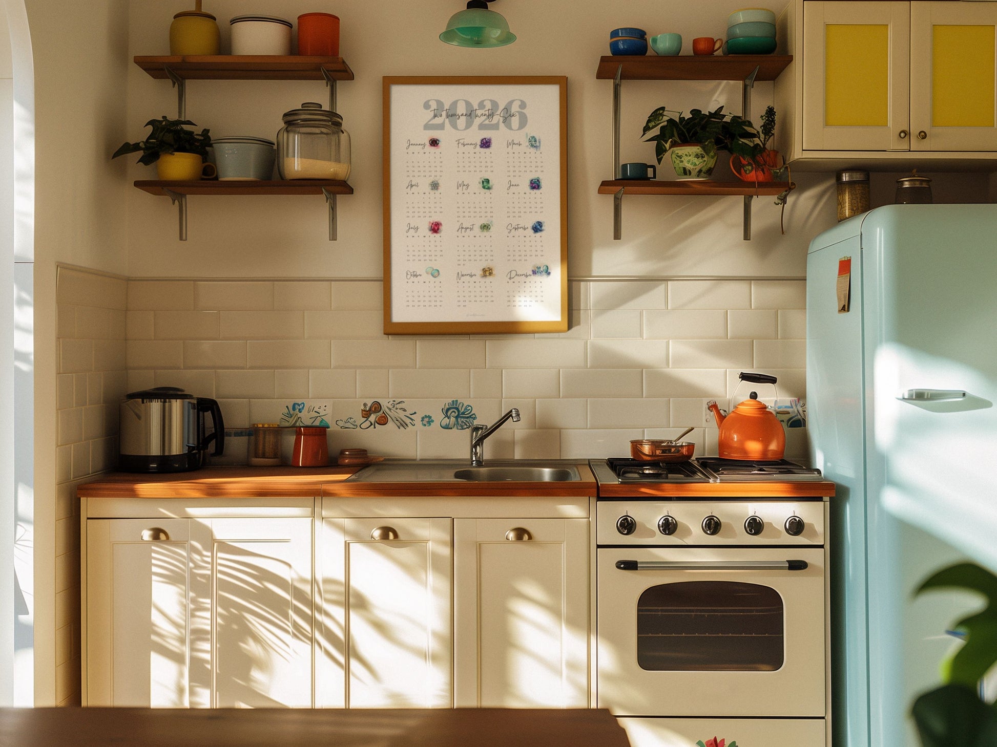Nostalgic kitchen with vintage appliances and a 2026 birthstone  calendar on the wall.