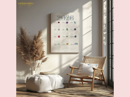 Living room with a wicker chair, ottoman, and decorative 2026 birthstone calendar on the wall.