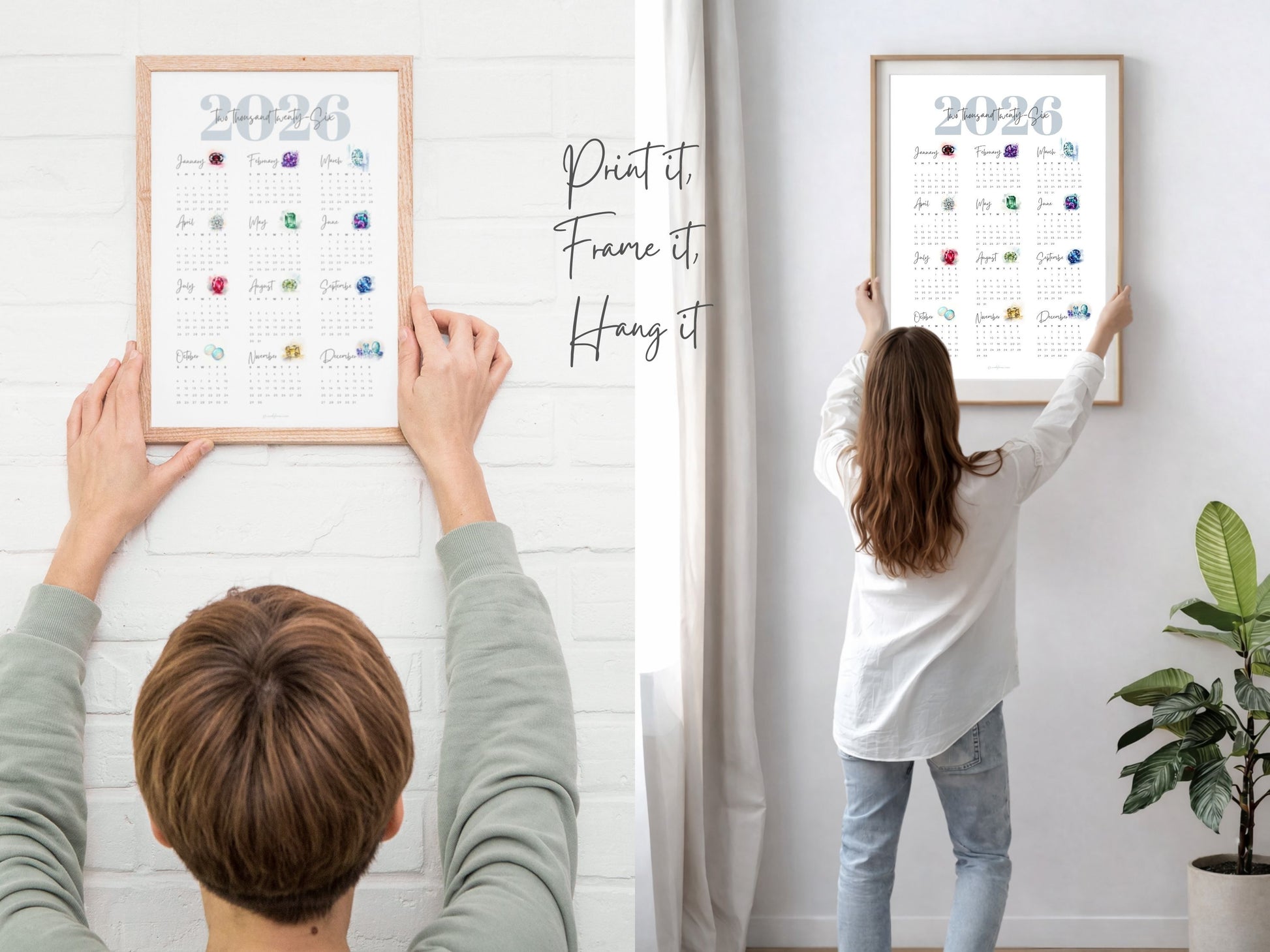 Two people holding framed 2026 birthstone calendars against a white wall.