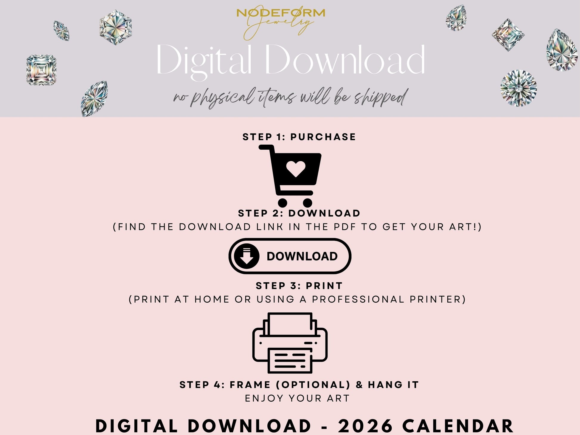 Digital download process for a 2026 calendar with decorative elements and branding.