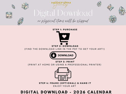 Digital download process for a 2026 calendar with decorative elements and branding.