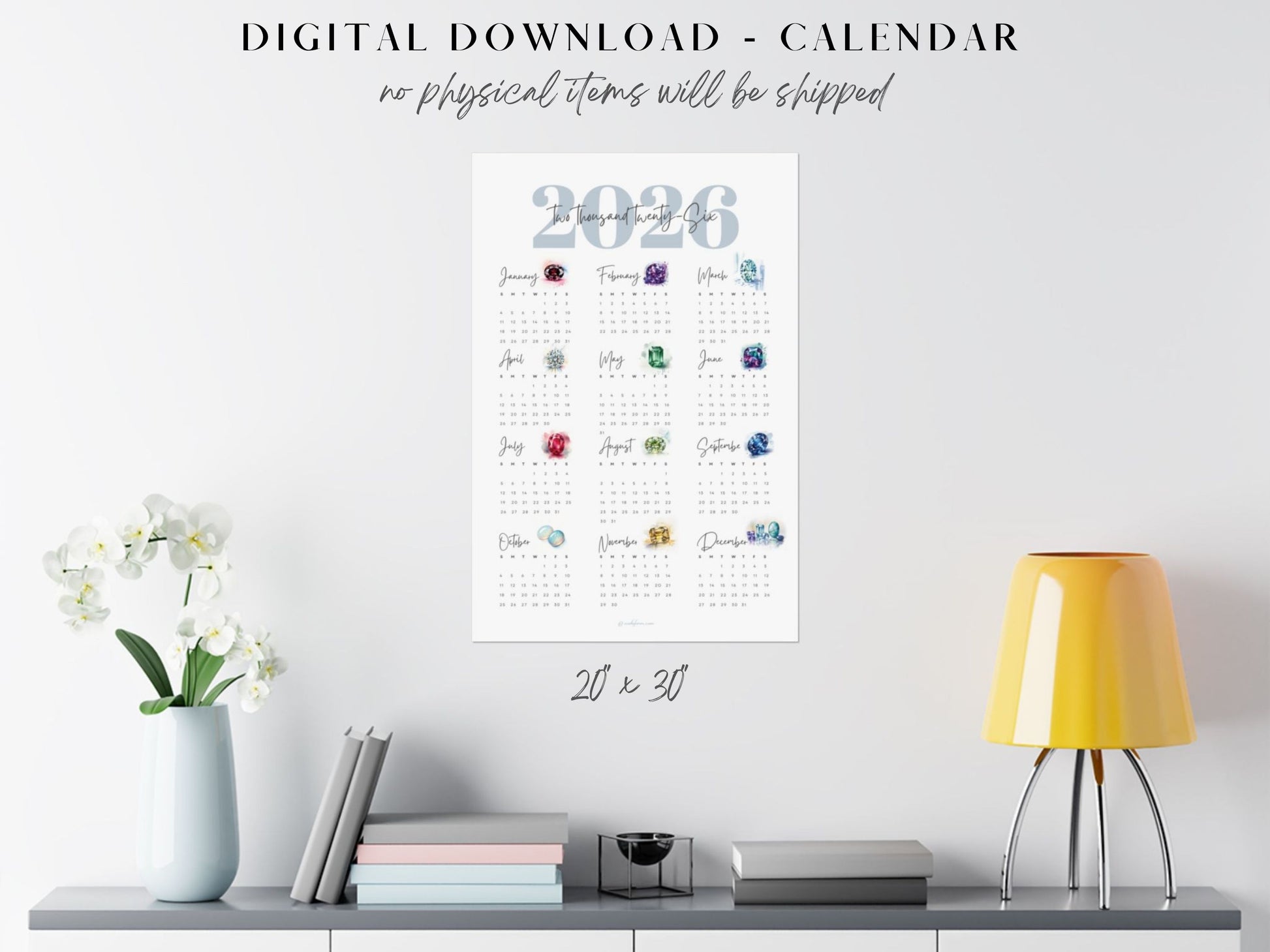 Digital 2026 birthstone calendar displayed on a wall with decor items below.