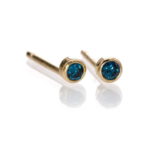 Tiny Teal Blue Diamond Bezel Set Gold or Platinum Single or Pair of Stud Earrings 14k Yellow Gold / 2mm diameter/~0.03 ct / Pair Earrings by Nodeform