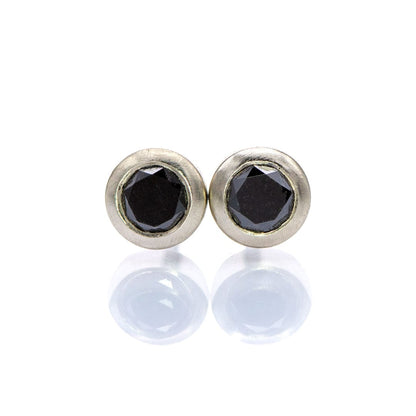 Black Diamond Bezel Set Stud Earrings 14k White Gold Earrings by Nodeform