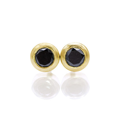 Black Diamond Bezel Set Stud Earrings 14k Yellow Gold Earrings by Nodeform
