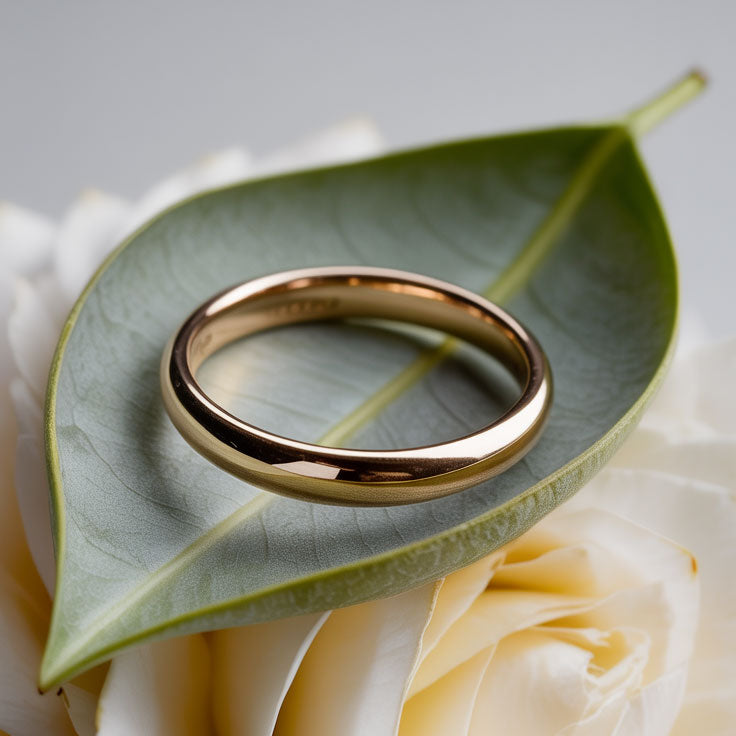 3mm wide simple gold wedding band for her or him laying on a leaf