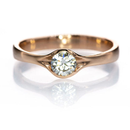 Bridal Set Round Moissanite Fold Semi-Bezel Set Solitaire Engagement Ring and Wedding Band Ring by Nodeform
