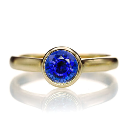 Round Blue Sapphire Olivia Bezel Set Solitaire Cathedral Engagement Ring 14K Yellow Gold / 5 mm/ 0.7ct Lab Blue Sapphire Ring by Nodeform