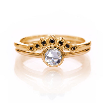 Bridal Ring Set - Rose Cut Damond Bezel Engagement Ring & Petal Band 14k Rose Gold / 14K Yellow Gold Ring by Nodeform