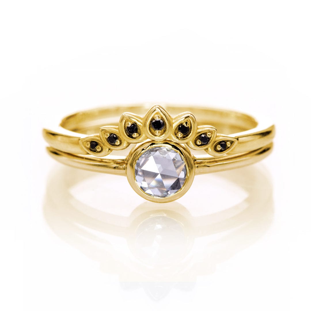 Bridal Ring Set - Rose Cut Damond Bezel Engagement Ring & Petal Band 14k Yellow Gold / 14K Yellow Gold Ring by Nodeform