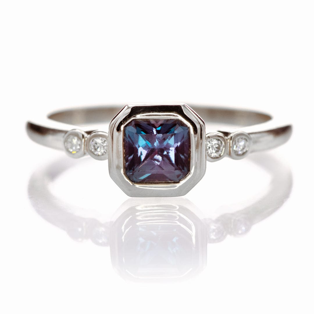 Brooklynn - Bezel Set Square Radiant Alexandrite Engagement Ring with Diamond Accents 14k White Gold Ring by Nodeform