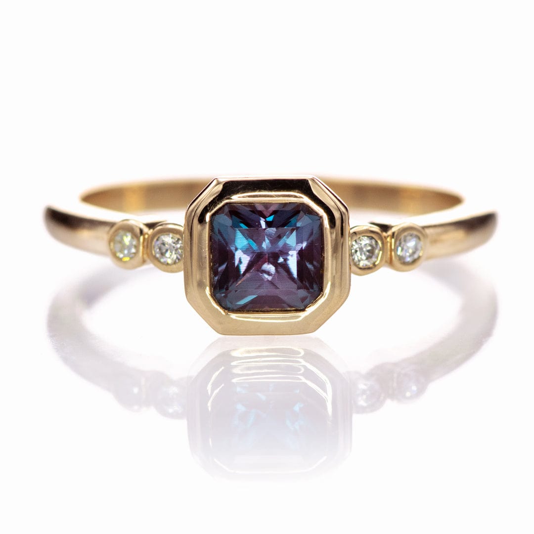 Brooklynn - Bezel Set Square Radiant Alexandrite Engagement Ring with Diamond Accents 14k Yellow Gold Ring by Nodeform