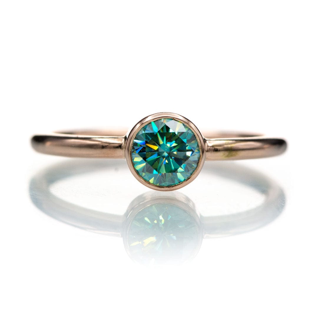 Round Teal Moissanite Low-Profile Bezel Skinny Stacking Solitaire Ring Ring by Nodeform
